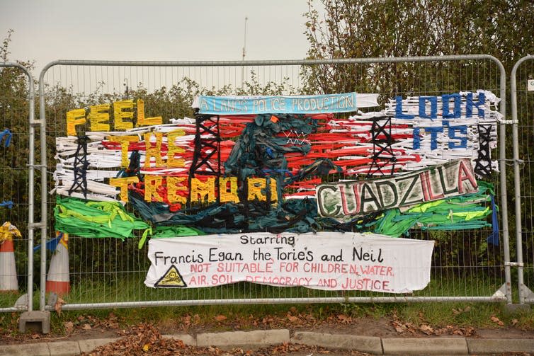 <span class="caption">Fence art at the Preston New Road site in Lancashire.</span> <span class="attribution"><span class="source">Anna Szolucha</span>, <a class="link " href="http://creativecommons.org/licenses/by-nc-nd/4.0/" rel="nofollow noopener" target="_blank" data-ylk="slk:CC BY-NC-ND;elm:context_link;itc:0;sec:content-canvas">CC BY-NC-ND</a></span>