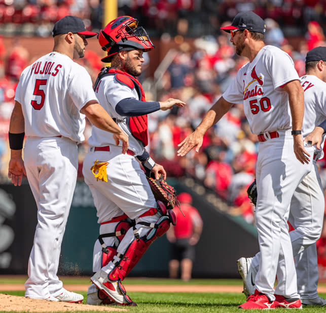 Albert Pujols（圖左起）、Yadier Molina與Adam Wainwright。（Photo by St. Louis Cardinals/MLB Photos via Getty Images）