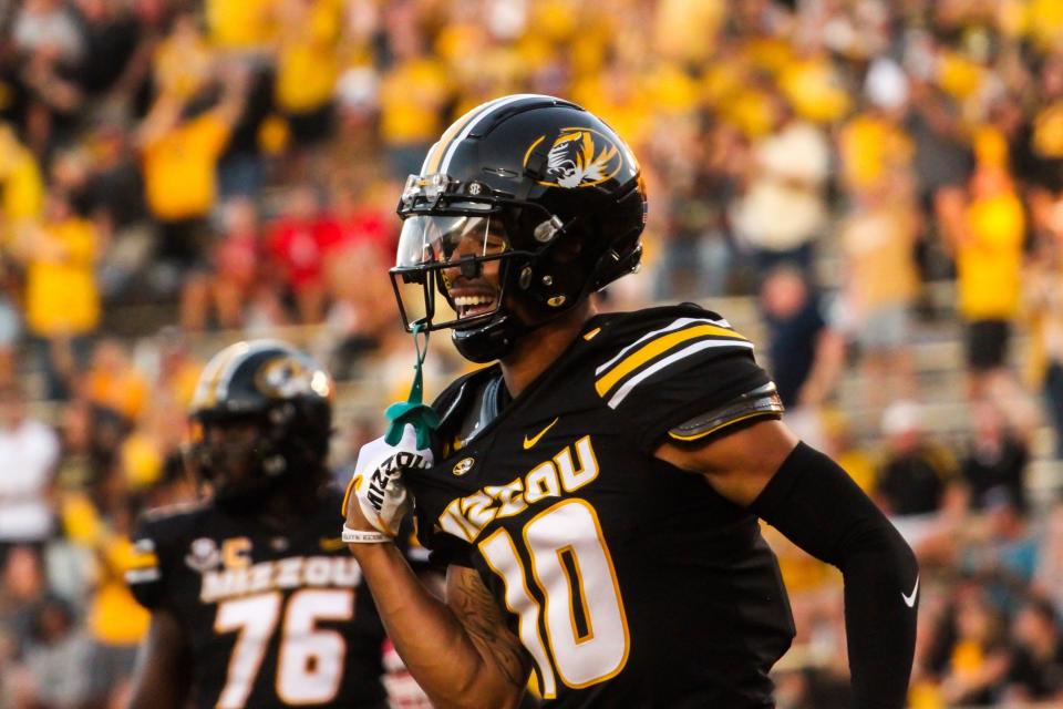 Missouri wide receiver Mekhi Miller smiles after scoring his first-career touchdown against South Dakota at Memorial Stadium on August 31, 2023, in Columbia, Mo.