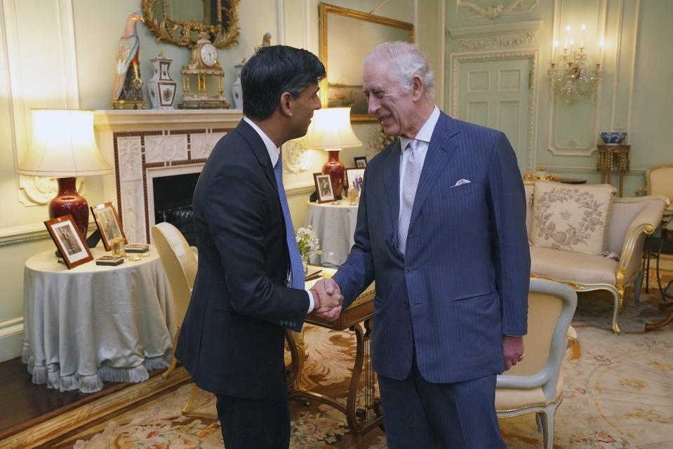 King Charles III, and Britain's Prime Minister Rishi Sunak shake hands during their meeting at Buckingham Palace, London, Wednesday, Feb. 21, 2024. (Jonathan Brady/Pool Photo via AP)