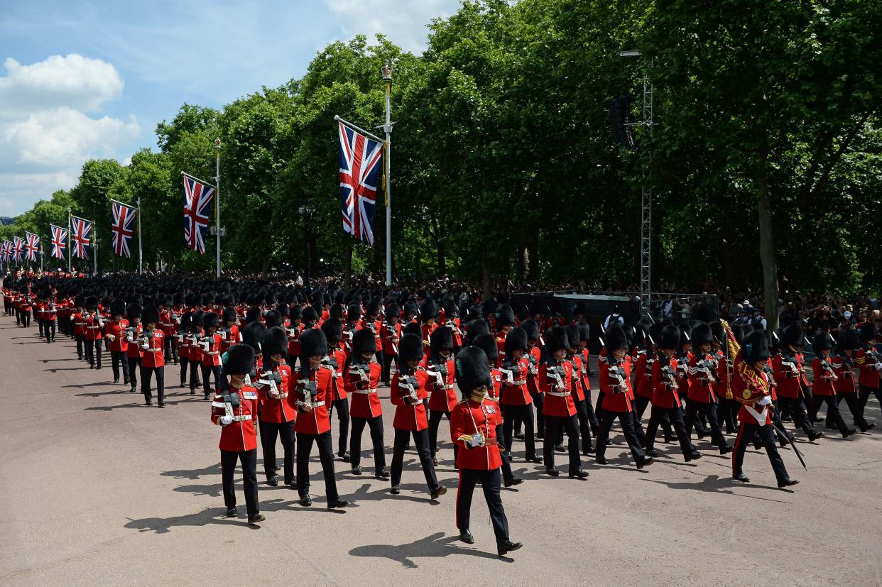 Household Division Foot Guards march during the Trooping the Colour parade on June 02, 2022, in London, England.