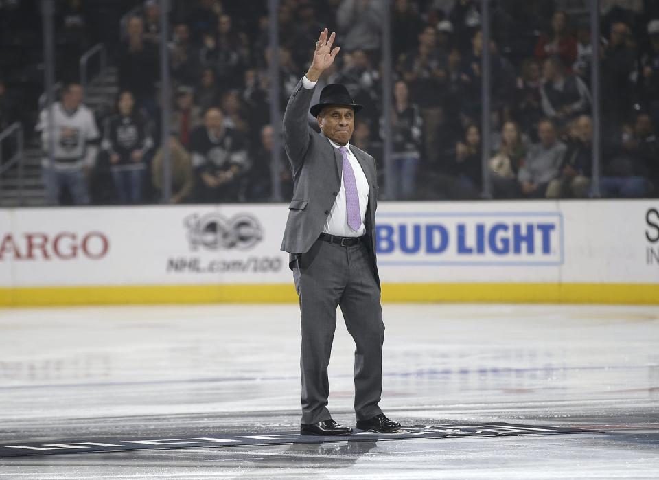 <span class="caption">Willie O'Ree, the first Black player in the NHL, is honored before a game between the Los Angeles Kings and the Tampa Bay Lightning in January 2017.</span> <span class="attribution"><a class="link " href="http://www.apimages.com/metadata/Index/Lightning-Kings-Hockey/8342b6e6c388475a8bfc1f22224ad3aa/18/0" rel="nofollow noopener" target="_blank" data-ylk="slk:AP Photo/Alex Gallardo;elm:context_link;itc:0;sec:content-canvas">AP Photo/Alex Gallardo</a></span>