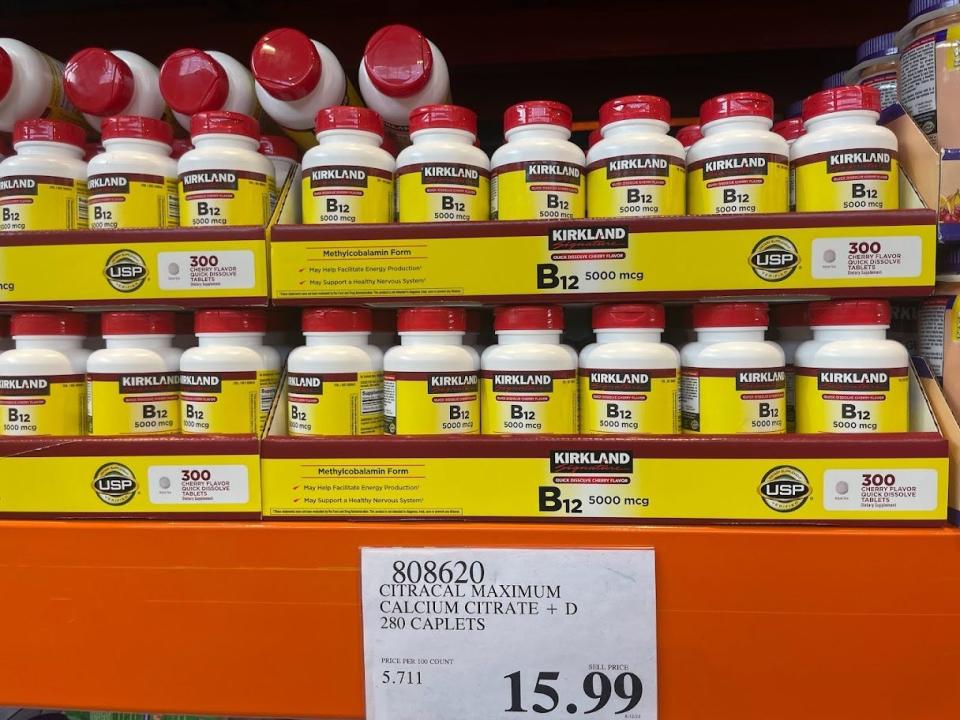 A display of Kirkland B12 5000mg vitamins with a price tag that reads $15.99.