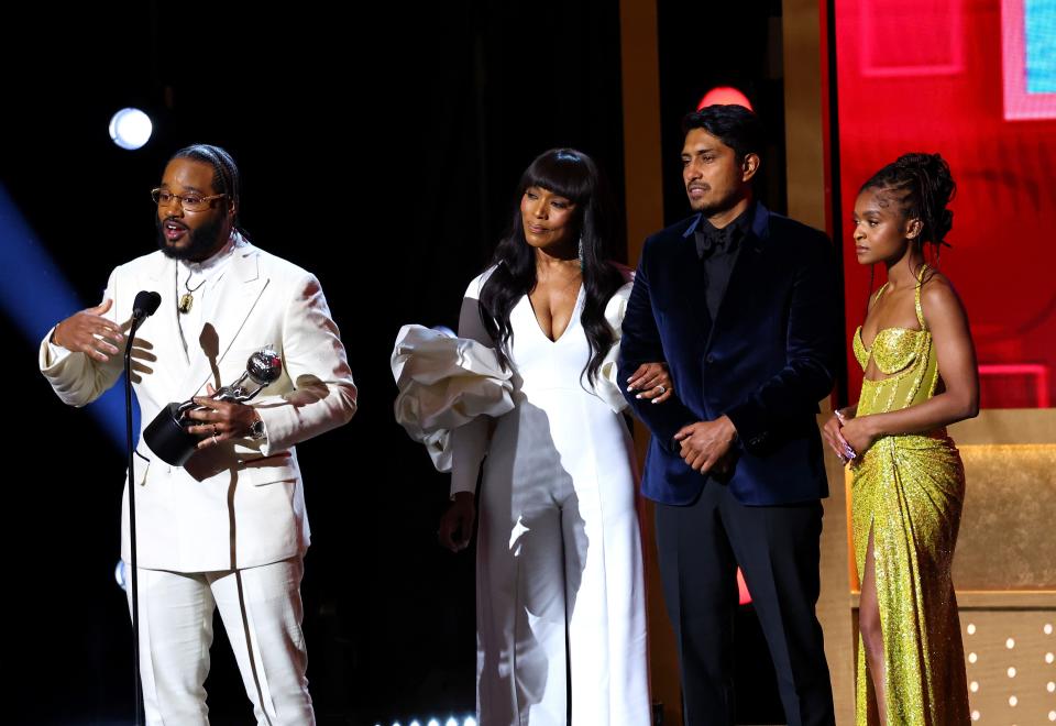 Ryan Coogler, Angela Bassett, Tenoch Huerta and Dominique Thorne accept the Outstanding Motion Picture award for "Black Panther: Wakanda Forever"  at NAACP Awards 2023.