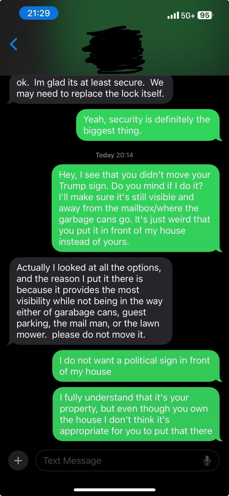 Text conversation discussing the relocation of a Trump sign from one yard to another to maintain visibility and reduce blocking the mailbox