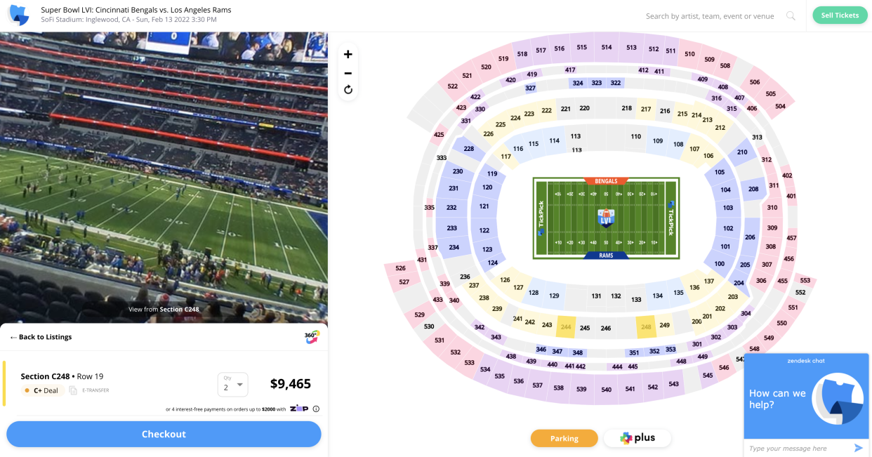 Two tickets at SoFi Stadium are currently selling for more than $9,400. (Picture: TickPick)