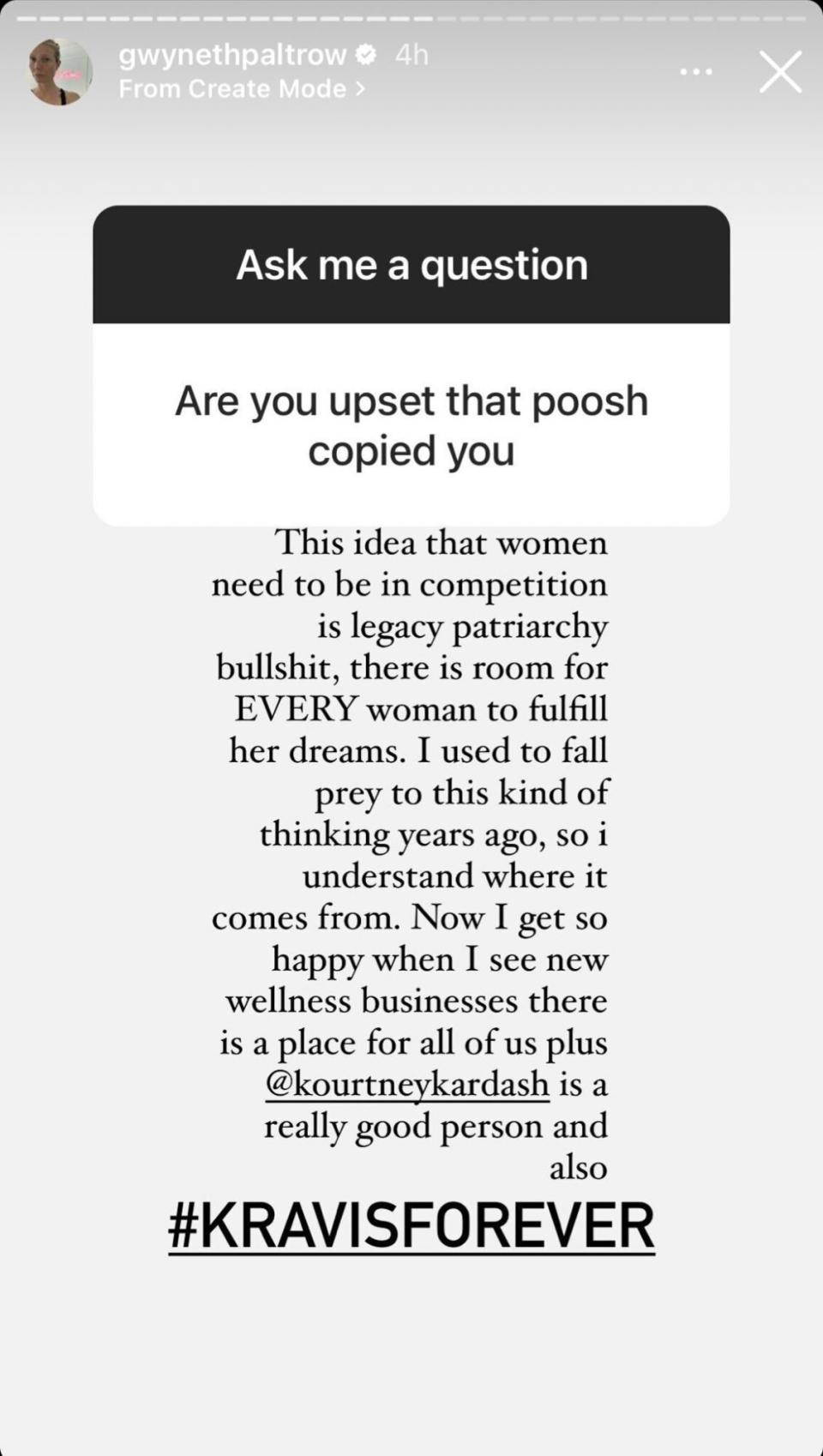 Gwyneth defends Kourtney/ Gwyneth Paltrow. https://www.instagram.com/gwynethpaltrow/.