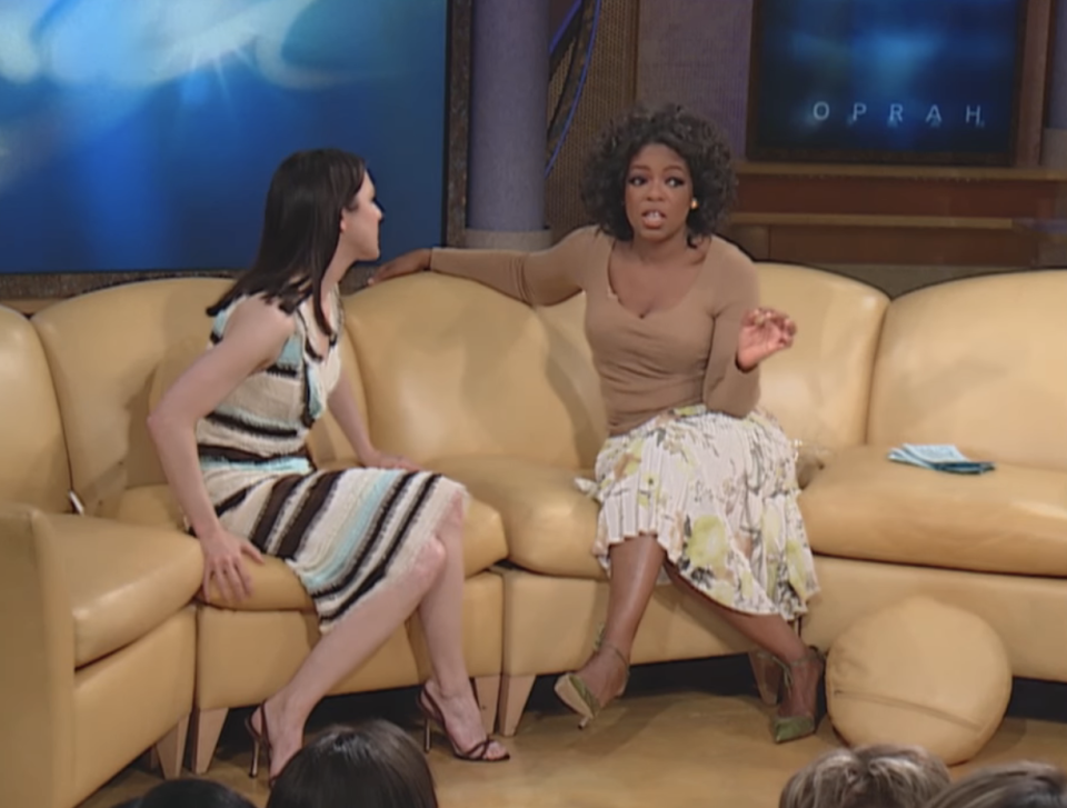 Renée Zellweger being interviewed by Oprah Winfrey