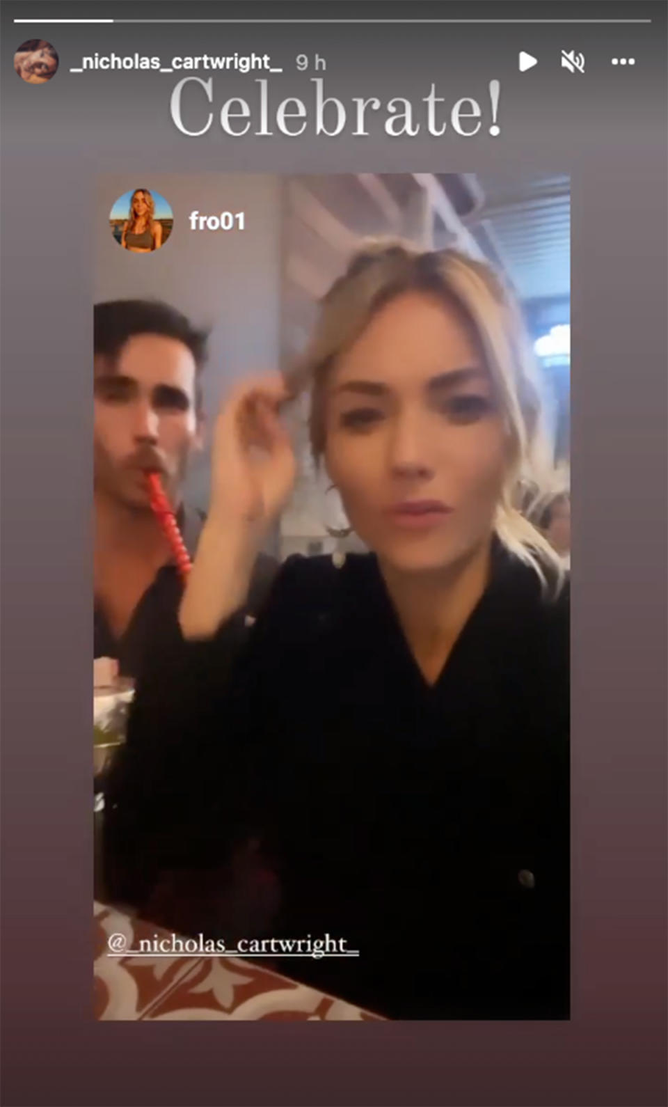 Sam Frost at a restaurant with her Home and Away co-star Nicholas Cartwright. Photo: Instagram/_nicholas_cartwright_.