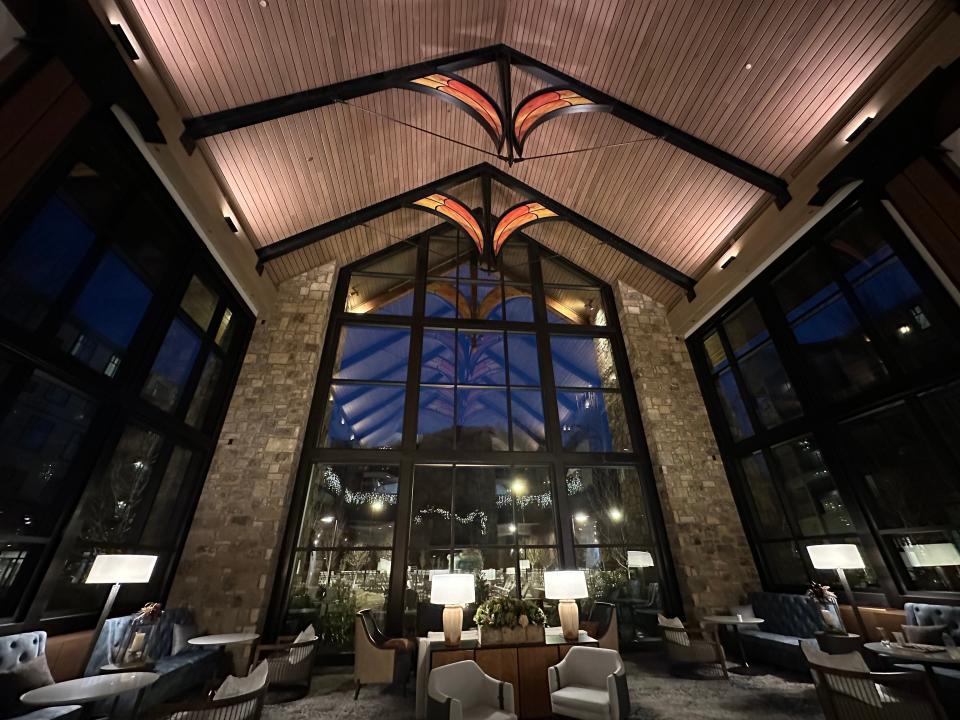 Dollywood HeartSong lobby with massive windows, high wood ceilings and brick sides