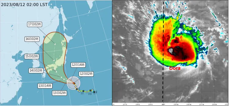 左圖：「中颱蘭恩」增強中，下週一、二(14、15日)侵襲日本本州。
右圖：今(12日)晨4：15「颶風Dora」已在換日線(東經180度)東側，今將跨入「西北太平洋」被收編為第8號颱風。(圖擷自tropical tidbits)
取自氣象應用推廣基金會