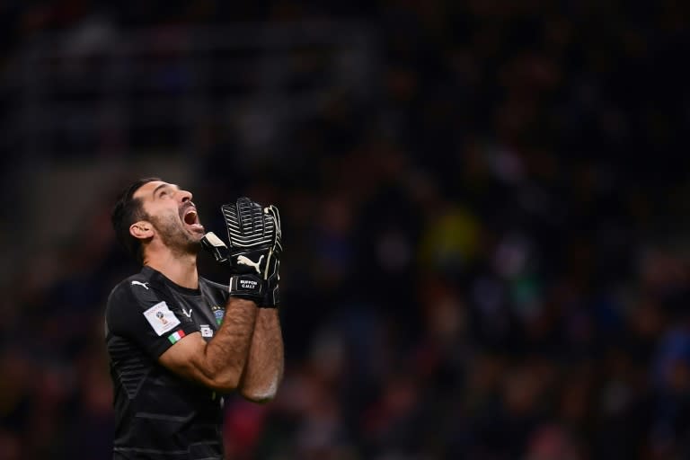 Italy's goalkeeper and captain Gianluigi Buffon reacts during the FIFA World Cup 2018 qualification match against Sweden, on November 13, 2017 at the San Siro stadium in Milan