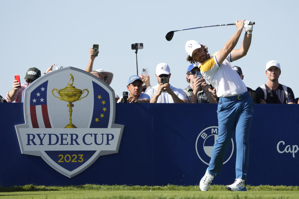 Europe's Tommy Fleetwood tees of the 3rd hole during a practice round ahead of the Ryder Cup at the Marco Simone Golf Club in Guidonia Montecelio, Italy, Tuesday, Sept. 26, 2023. The Ryder Cup starts Sept. 29, at the Marco Simone Golf Club. (AP Photo/Andrew Medichini)