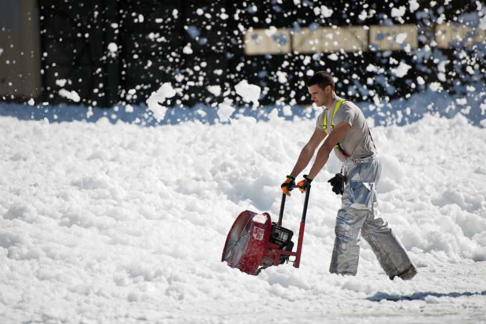 Fire-retardant foam was “unintentionally released” in an aircraft hangar at Travis Air Force Base in California on Sept. 24, 2013, says the Defense Visual Information Distribution Service. Exposed to PFAS or “forever chemicals” has been linked to testicular cancer.