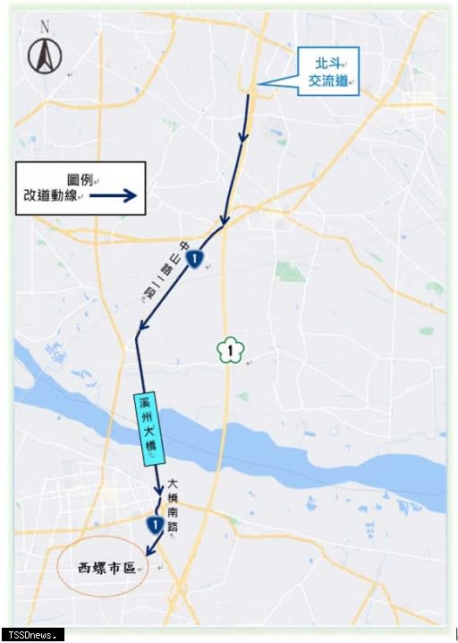 往西螺地區替代道路路線圖。（圖：高公局提供）