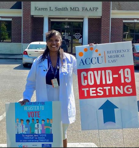 <p>Aledade</p> Karen Smith, an Aledade medical director, participates in a Vot+ER voter drive/Covid testing event.