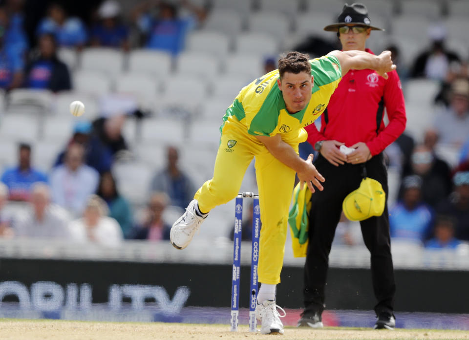 Australia's Marcus Stoinis bowls during the Cricket World Cup match between India and Australia at the Oval in London, Sunday, June 9, 2019.(AP Photo/Frank Augstein)