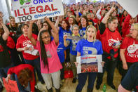 <p>Teachers hold a rally outside the Senate Chambers in the West Virginia Capitol Monday, March. 5, 2018 in Charleston, W.Va. (Photo: Tyler Evert/AP) </p>