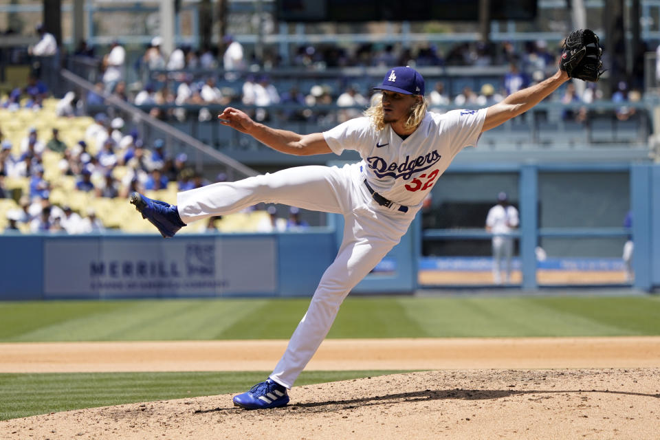 Los Angeles Dodgers relief pitcher Phil Bickford throws to a Washington Nationals batter during the fifth inning of a baseball game Wednesday, July 27, 2022, in Los Angeles. (AP Photo/Marcio Jose Sanchez)