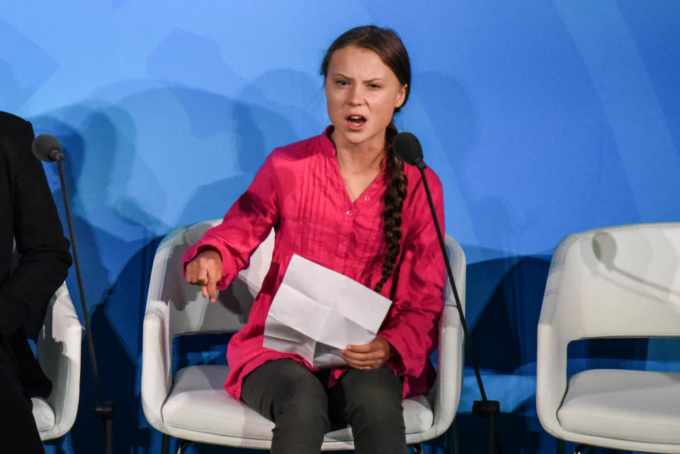 Youth activist Greta Thunberg speaks at the Climate Action Summit at the United Nations in New York City. 