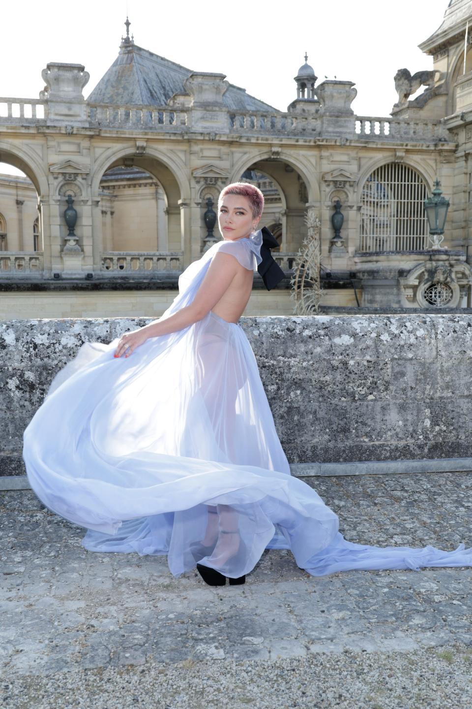 Florence Pugh attends the Valentino Haute Couture Fall/Winter 2023/2024 show as part of Paris Fashion Week at Chateau de Chantilly on July 05, 2023 in Chantilly, France.