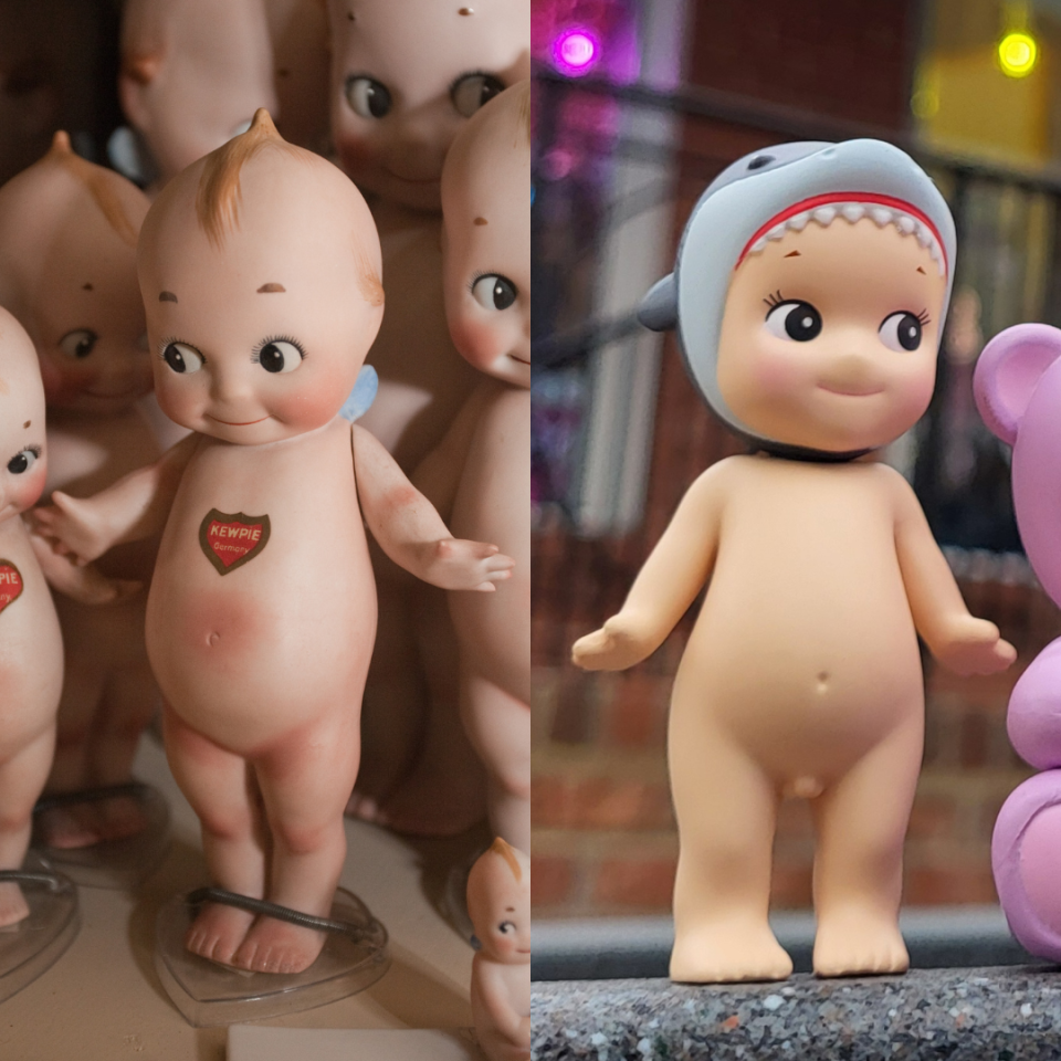Left: A Kewpie doll at the Bonniebrook Art Gallery and Kewpie Museum in Walnut Shade. Right: A Sonny Angel figurine at Happy Up Inc. in Clayton, Missouri. Both cherub-like characters feature round bellies, rosy cheeks and faint smiles.