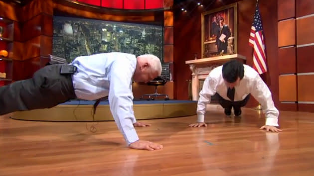 Stephen Colbert versus Bob Lutz push-ups