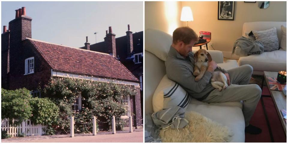 Left: the exterior of Nottingham Cottage. Right: Prince Harry holds a dog inside Nottingham Cottage.