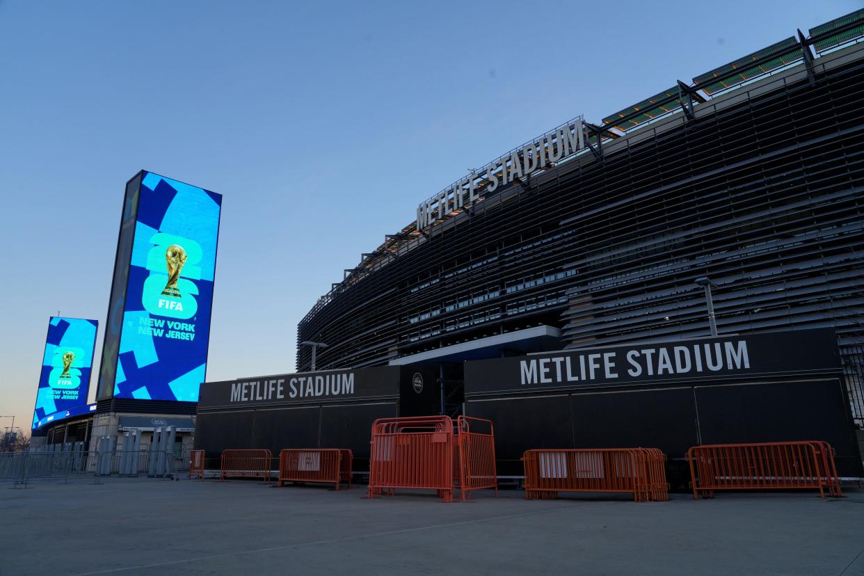 Signs promoting the FIFA World Cup Final coming to MetLife Stadium in East Rutherford, NJ on Wednesday Feb. 7, 2024. The World Cup is held every four years and the 2026 World Cup Final match will be played at MetLife Stadium.