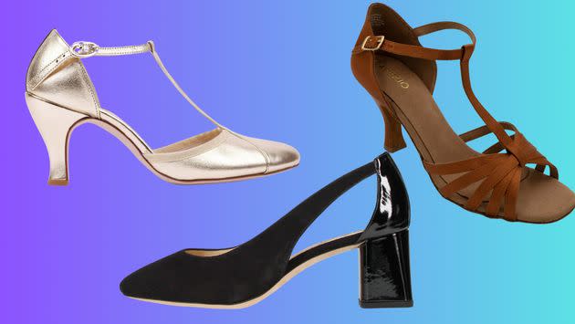 Left to right: Repetto Baya t-straps in silver; Repetto Terry pumps in black; Capezio Sara ballroom shoe in cinnamon.