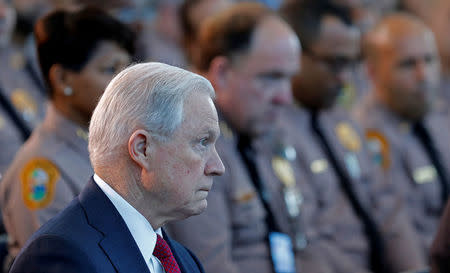 U.S. Attorney General Jeff Sessions (C) sits with guests before speaking on the growing trend of violent crime in sanctuary cities during an event on the Port of Miami in Miami, Florida, August 16, 2017. REUTERS/Joe Skipper