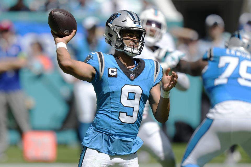 Carolina Panthers quarterback Bryce Young (9) aims a pass during the first half of an NFL football game against the Miami Dolphins, Sunday, Oct. 15, 2023, in Miami Gardens, Fla. (AP Photo/Wilfredo Lee)