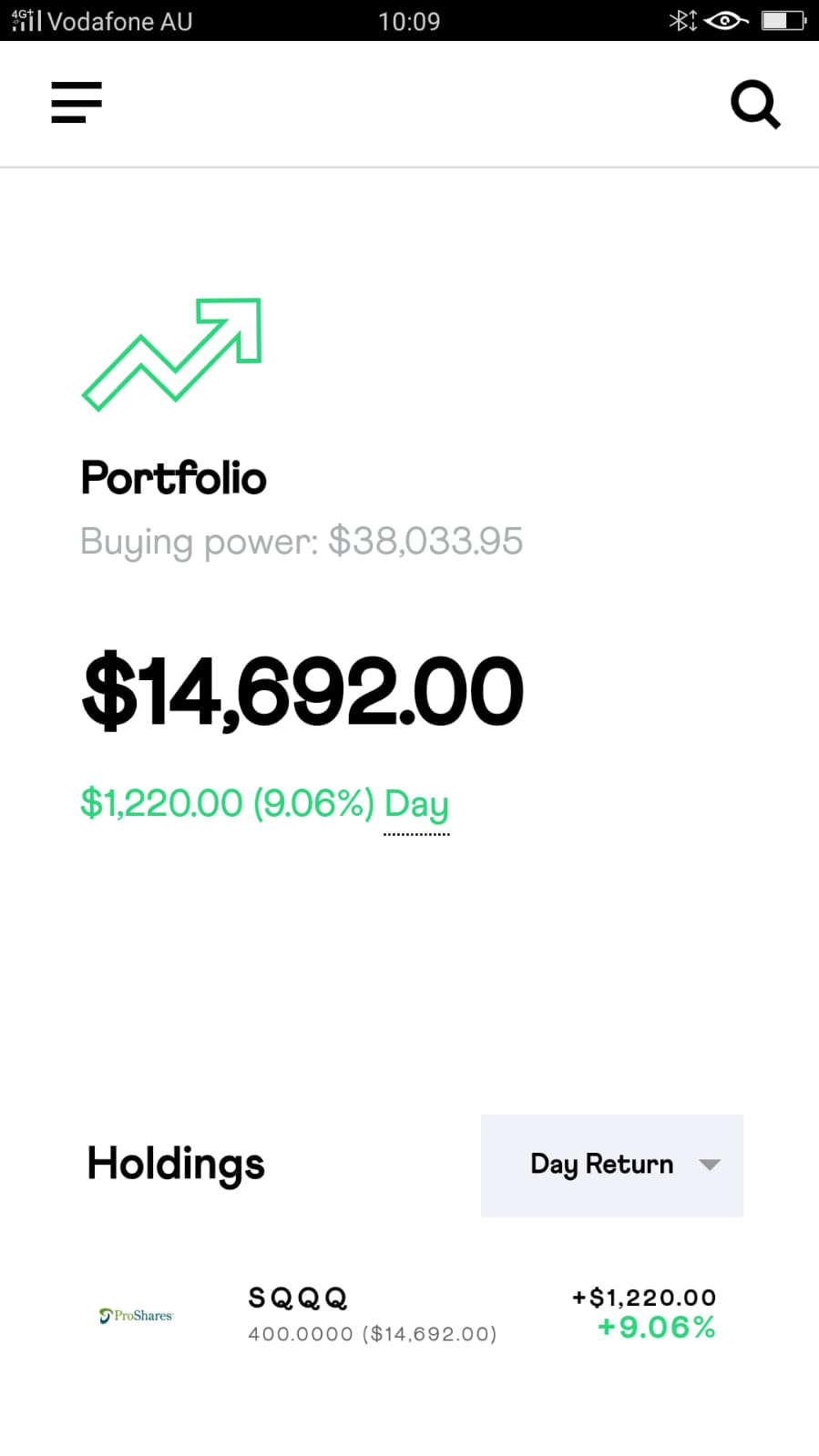 Stake app screenshot showing 9.06% gain on SQQQ.