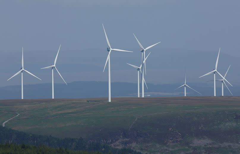 Wind turbines are seen at Llynfi Afan Wind Farm near Port Talbot in South Wales.