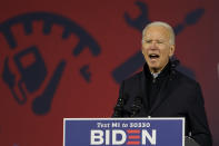 Democratic presidential candidate former Vice President Joe Biden speaks at Michigan State Fairgrounds in Novi, Mich., Friday, Oct. 16, 2020. (AP Photo/Carolyn Kaster)