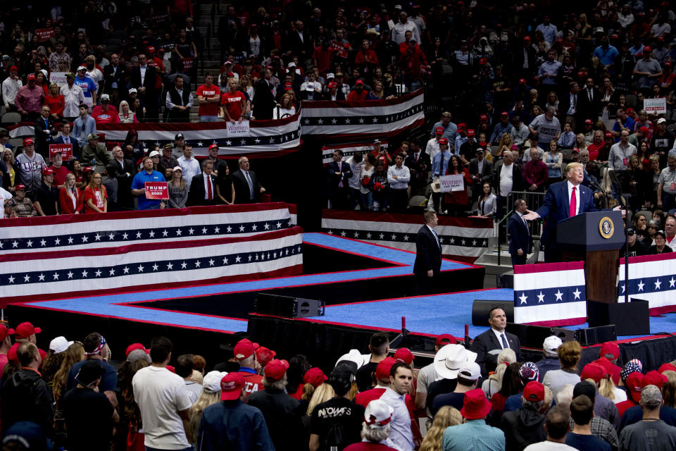 President Donald Trump speaks at a campaign rally at American Airlines Arena in Dallas, Texas, Thursday, Oct. 17, 2019. (AP Photo/Andrew Harnik)