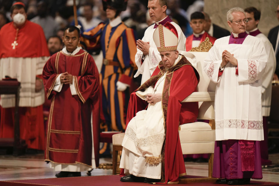 Pope Francis celebrates a Mass during the Solemnity of Saints Peter and Paul, in St. Peter's Basilica at the Vatican, Wednesday, June 29, 2022. (AP Photo/Alessandra Tarantino)