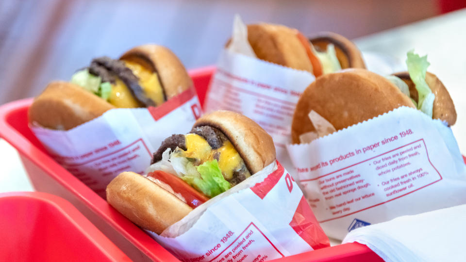 Los Angeles, CA/USA 07/28/2019 In-n-out double cheeseburgers in plastic tray.
