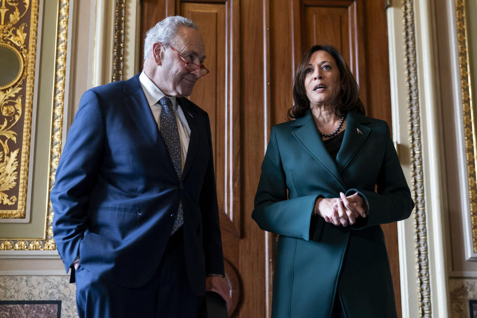 Vice President Kamala Harris speaks to media after being presented with a golden gavel by Senate Majority Leader Sen. Chuck Schumer, D-N.Y., after Harris cast the 32nd tie-breaking vote in the Senate, the most ever cast by a vice president, Tuesday, Dec. 5, 2023, on Capitol Hill in Washington. (AP Photo/Stephanie Scarbrough)