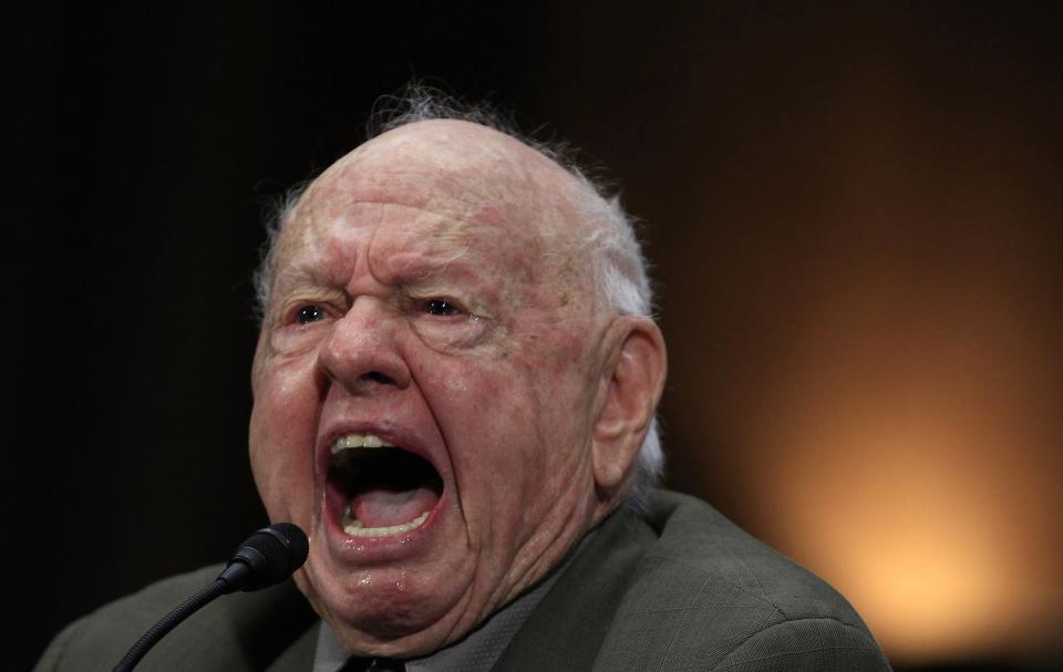 Actor Mickey Rooney speaks at a Senate hearing on elder abuse, neglect and financial exploitation on Capitol Hill in Washington in this March 2, 2011 file photo. Rooney, the pint-sized screen dynamo of the 1930s and 1940s best known for his boy-next-door role in the Andy Hardy movies, died on April 6, 2014 at 93, the TMZ celebrity website reported. It did not give a cause of death and a spokesman was not immediately available for comment. REUTERS/Jim Young/Files (UNITED STATES - Tags: ENTERTAINMENT OBITUARY)