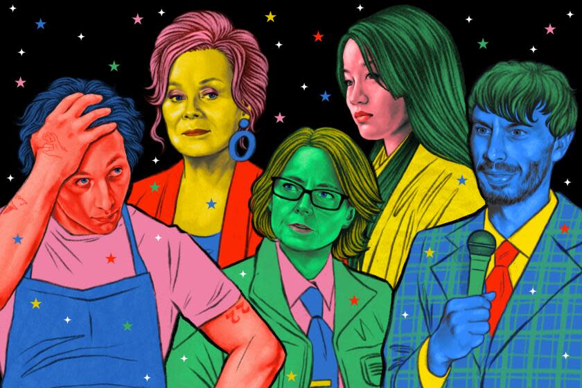 Illustration of (left-right)Jeremy Allen White, Jean Smart, Jodie Foster, Anna Sawai and Richard Gadd for 2024 Emmy preview.