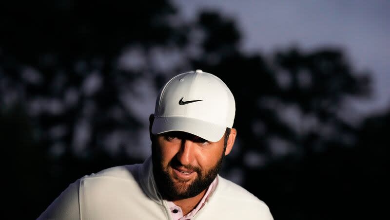 Scottie Scheffler speaks to the media after the final round of the RBC Heritage golf tournament was weather delayed, Sunday, April 21, 2024, in Hilton Head Island, S.C.