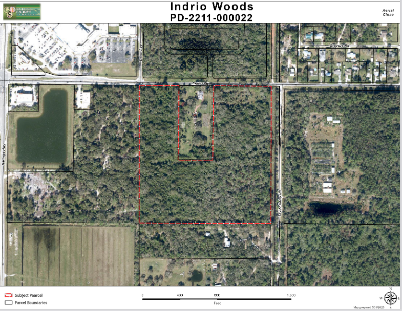 An aerial view of the proposed 229-unit Indrio Woods apartment complex location, on a u-shaped property surrounding the historic Binney Estate in St. Lucie County.
