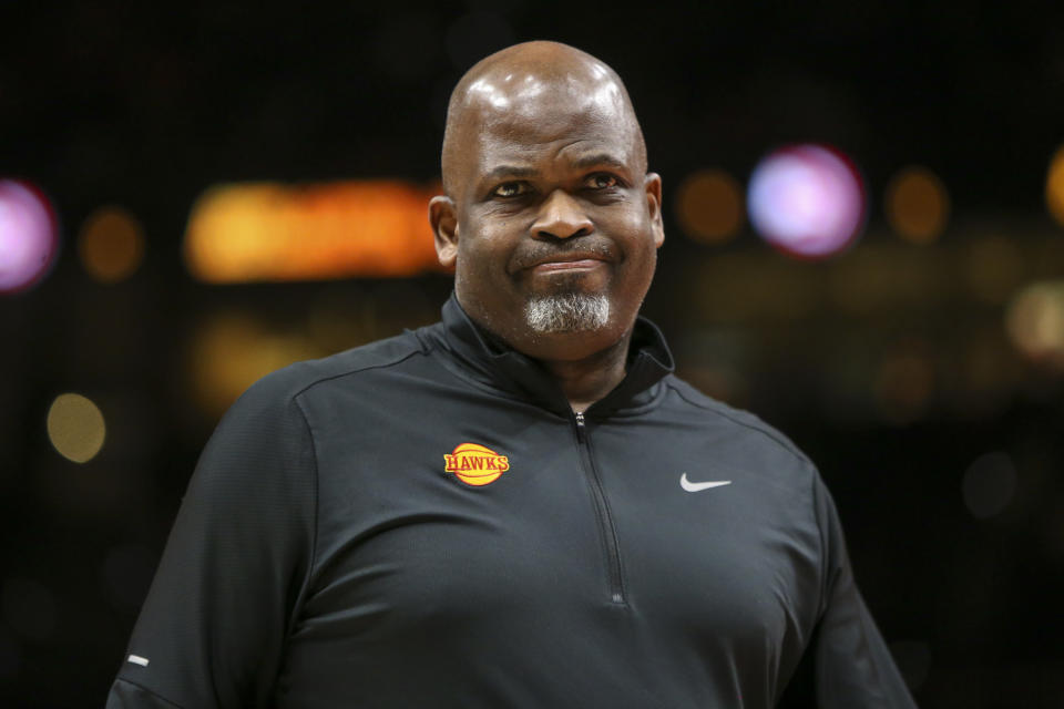 Atlanta Hawks head coach Nate McMillan reacts during a timeout in the second half of an NBA basketball game against the New Orleans Pelicans, Sunday, March 20, 2022, in Atlanta. (AP Photo/Brett Davis)