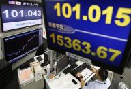 An employee of a foreign exchange trading company works under a monitor displaying the Japanese yen's exchange rate against the U.S. dollar (top R and L), and Nikkei share average in Tokyo November 22, 2013. Japanese stocks scaled six-month peaks on Friday as the yen took a spill, though other Asian markets lagged as investors resigned themselves to an inevitable slowdown in U.S. stimulus. REUTERS/Toru Hanai