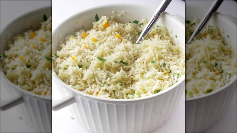 seasoned rice in white bowl