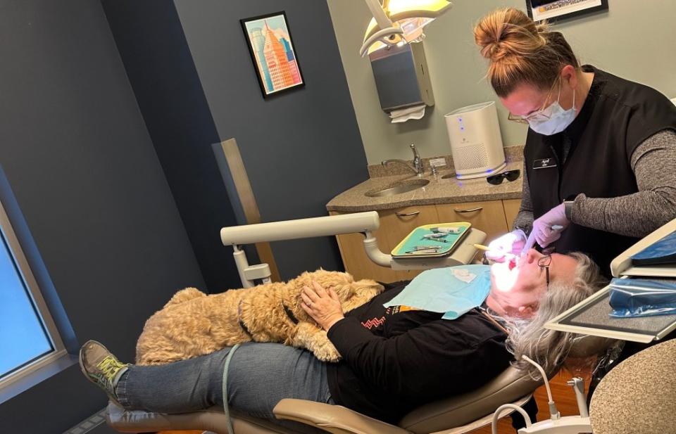 Ollie will jump onto the patients’ laps and snuggle between their legs, laying his head on their chest. Courtesy April Kline