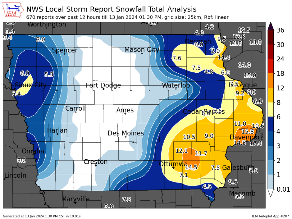 Latest snowfall map from the National Weather Service in Johnston.
