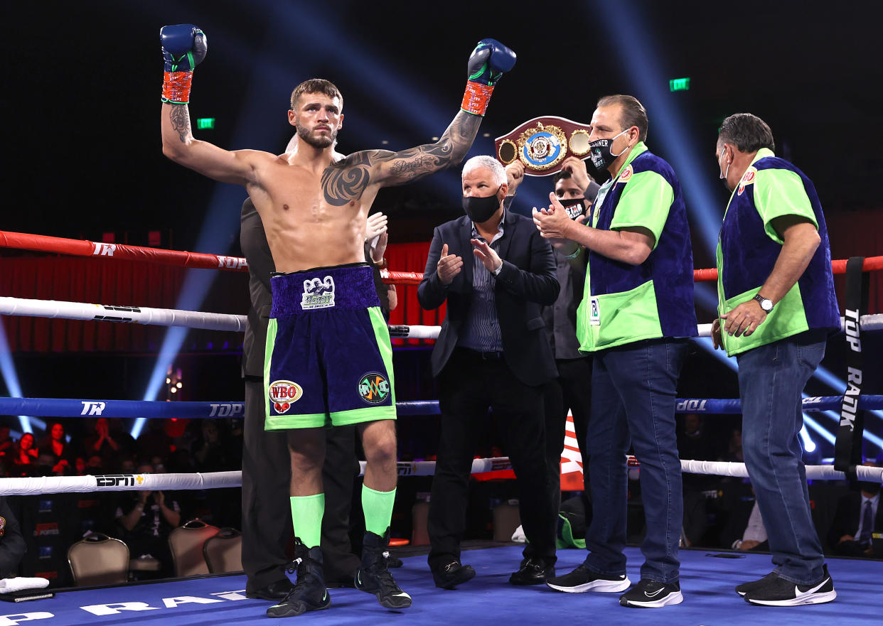 TULSA, OKLAHOMA - APRIL 10: Joe Smith Jr stands inside the ring before his fight against Maxim Vlasov for the WBO light heavyweight title at the Osage Casino on April 10, 2021 in Tulsa, Oklahoma. (Photo by Mikey Williams/Top Rank Inc via Getty Images)