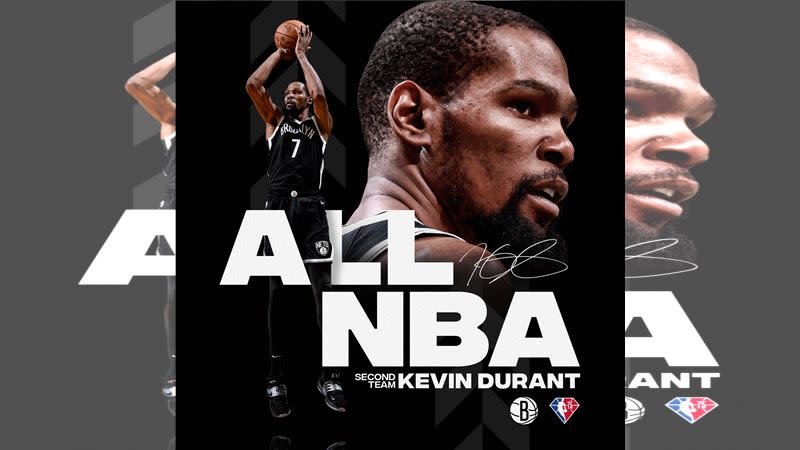 籃網隊發推特祝賀杜蘭特（Kevin Durant）獲選年度第二陣。（圖／翻攝自籃網隊推特）